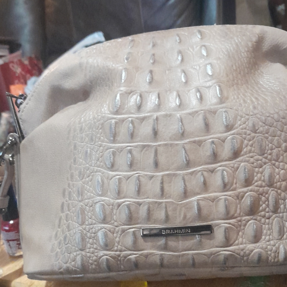 Brahmin Cream Crocodile Embossed Cosmetic Bag